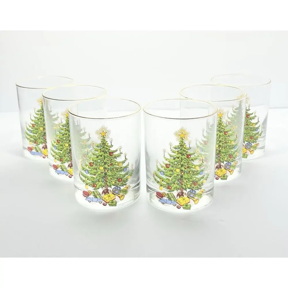 1980s Vintage Christmas Tree 6 Old Fashioned Tumbler Drinking Glasses 4.25” 14oz